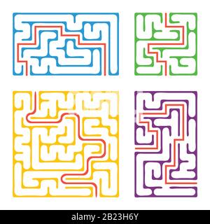 A set of colored square and rectangular labyrinths with entrance and exit. Simple flat vector illustration isolated on white background. With the answ Stock Vector