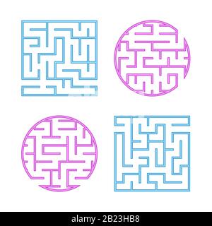 A set of colored labyrinths for children. A square, round maze. Simple flat vector illustration isolated on white background Stock Vector