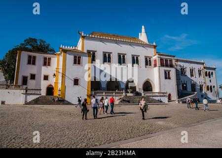 Sintra National Palace, also called the Palace of Sintra and Town Palace, is former medieval royal residence palace and current historic musem in the Stock Photo