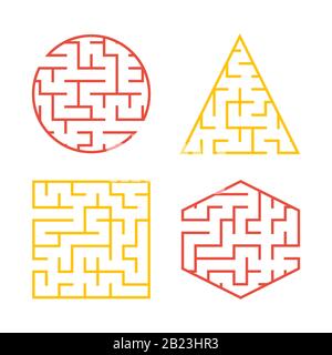A set of colored labyrinths for children. A square, a circle, a hexagon, a triangle. Simple flat vector illustration isolated on white background Stock Vector