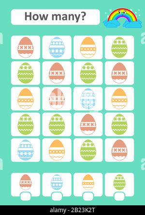 Counting game for preschool children. The study of mathematics. How many items in the picture. Colored Easter eggs. With a place for answers. Simple f Stock Vector