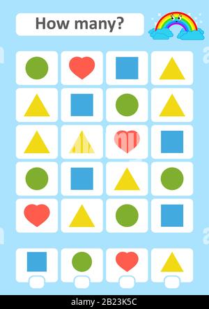 Counting game for preschool children. The study of mathematics. How many items in the picture. Circle, heart, square, triangle. With a place for answe Stock Vector