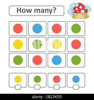 Counting game for preschool children. Count as many circles in the picture and write down the result. With a place for answers. Simple flat isolated v Stock Vector