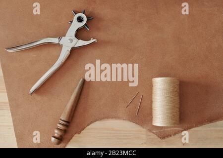 Overview of handtool for making holes, spool with light threads, two needles and wooden tool on part of beige suede Stock Photo