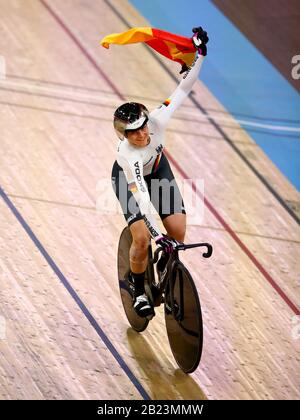 Germany's Sophie Lea Friedrich celebrates winning gold in the Women's 500m Time Trial during day four of the 2020 UCI Track Cycling World Championships at Velodrom, Berlin. Stock Photo