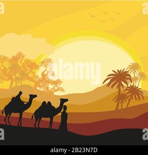 Bedouin camel caravan in wild africa landscape Stock Photo