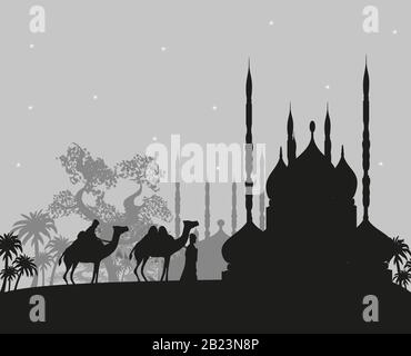 Bedouin camel caravan in wild africa landscape illustration Stock Photo