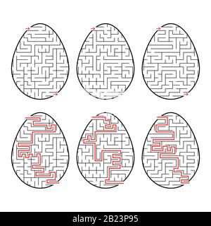 A set of labyrinths in the form of eggs. Black Stroke. A game for children. With the answer. Simple flat vector illustration isolated on white backgro Stock Vector