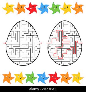 Abstract labyrinth in the form of an egg. Black Stroke. A game for children. With the answer. Lovely stars. Simple flat vector illustration isolated o Stock Vector