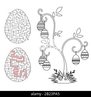 Abstract labyrinth in the form of an egg. Black Stroke. A game for children. With the answer. Easter tree. Simple flat vector illustration isolated on Stock Vector