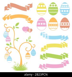 Set of colored isolated sweet Easter eggs and ribbon banners on white background. Abstract festive tree. Simple flat vector illustration. Suitable for Stock Vector