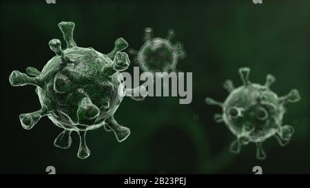 3d computer generated image of influenza virus cells in virtual reality against dark green background Stock Photo
