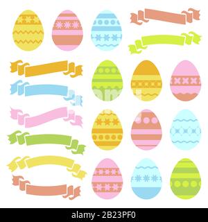 Set of colored isolated Easter eggs and ribbon banners on white background. With an abstract pattern. Simple flat vector illustration. Suitable for de Stock Vector