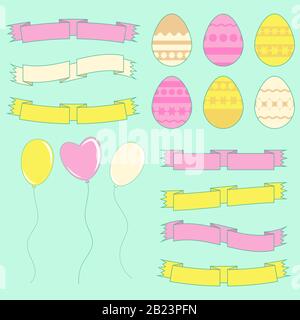 Set of colored silhouettes of isolated Easter eggs, balloons and ribbons of banners on a blue background. With an abstract pattern. Simple flat vector Stock Vector