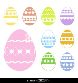 Set of colored isolated Easter eggs on a white background. With an abstract pattern. Simple flat vector illustration. Suitable for decoration of postc Stock Vector