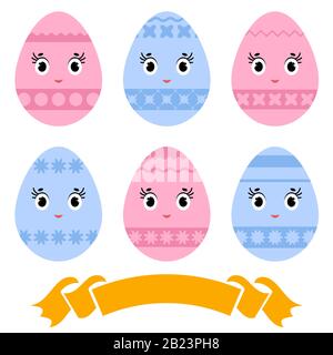 Set of colored isolated cute Easter eggs on a white background. With an abstract pattern. Simple flat vector illustration. Suitable for decoration of Stock Vector