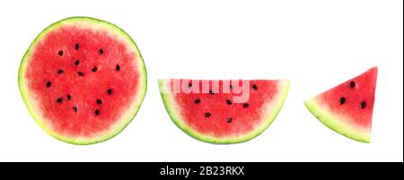 Slices of summer watermelon, whole round, half and piece isolated on a white background Stock Photo