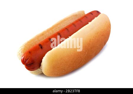 Hot dog with barbecue grill marks, side view isolated on a white background Stock Photo