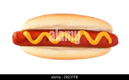 Hot dog with mustard, top view isolated on a white background Stock Photo