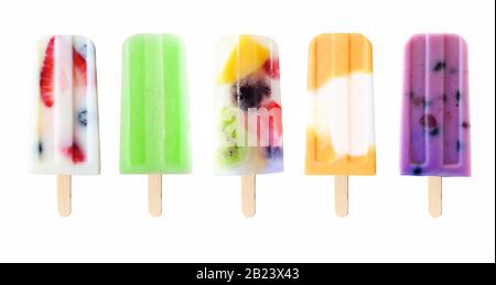 Assortment of fruit summer popsicles isolated on a white background Stock Photo