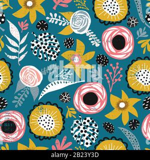 Doodle flowers and leaves seamless vector background blue pink white black mustard yellow. Hand drawn flat floral doodle pattern for fabric design Stock Vector