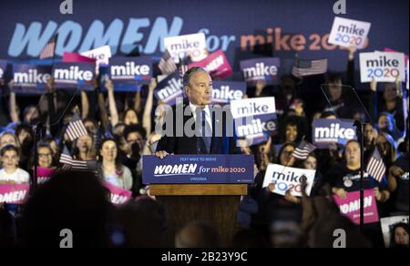 Virginia, USA. 29th Feb, 2020. Democratic presidential candidate Mike Bloomberg speaks at a campaign rally in McClean, Virginia on Saturday, February 29, 2020. Photo by Kevin Dietsch/UPI Credit: UPI/Alamy Live News Stock Photo