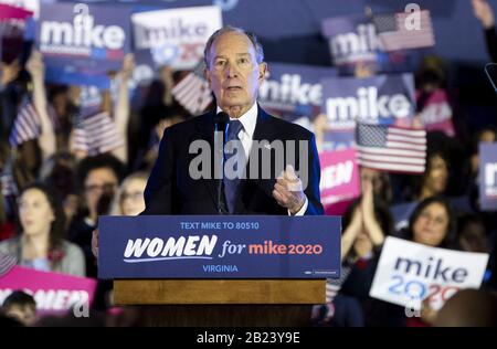 Virginia, USA. 29th Feb, 2020. Democratic presidential candidate Mike Bloomberg speaks at a campaign rally in McClean, Virginia on Saturday, February 29, 2020. Photo by Kevin Dietsch/UPI Credit: UPI/Alamy Live News Stock Photo