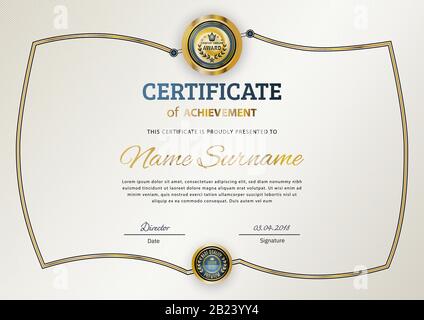 Official white certificate with thin gold wave border. Business modern design. Gold emblem Stock Vector