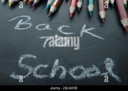back to school concept with color pencils and text on black board  Stock Photo