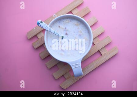 top view of baby food on color background  Stock Photo