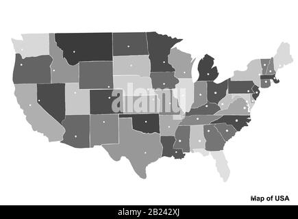 Map of USA with regions and cities. White and black graphic illustration with map of USA. American map with regions. Map with abstract grey colors. Stock Photo