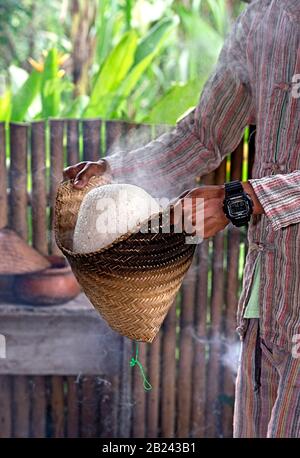 Traditional cooking of sticky rice, flipping of the rice ball during cooking, Living Land Rice Farrm in Ban Phong Van close to Luang Prabang, Laos Stock Photo