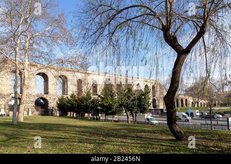 Istanbul, Turkey - 01/19/2019: Valens Aqueduct, located in the old part of Istanbul (Constantinople) on the boulevard of Ataturk. The aqueduct is one Stock Photo