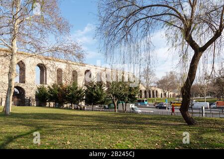 Istanbul, Turkey - 01/19/2019: Valens Aqueduct, located in the old part of Istanbul (Constantinople) on the boulevard of Ataturk. The aqueduct is one Stock Photo