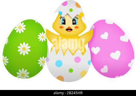 Cute chick in hatched decorated egg. Funny Easter illustration Stock Vector