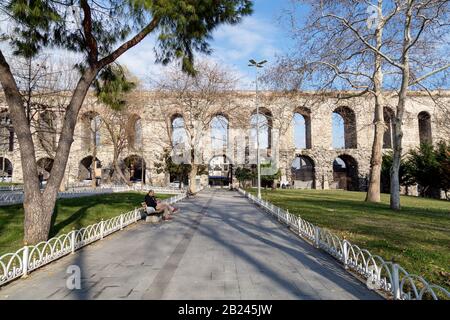 Istanbul, Turkey - 01/19/2019: Valens Aqueduct, located in the old part of Istanbul (Constantinople) on the boulevard of Ataturk. The aqueduct is one Stock Photo