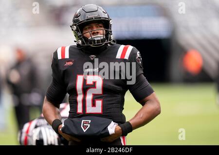 East Rutherford, New Jersey, USA. 29th Feb, 2020. New York Guardians quarterback Marquise Williams (12) looks on prior the XFL game against the Los Angeles Wildcats at MetLife Stadium in East Rutherford, New Jersey. Christopher Szagola/CSM/Alamy Live News Stock Photo