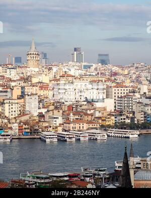 Istanbul / Turkey - 01/20/2019: View of Cityscape with Galata Tower and Golden Horn. Stock Photo