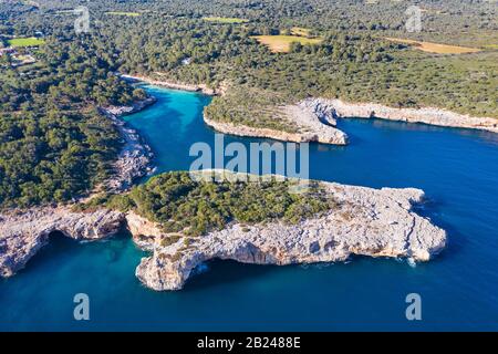 Cala Sa Nau with Forat d'en Mengo, near Cala d'Or, Migjorn region, drone shot, Majorca, Balearic Islands, Spain Stock Photo