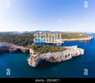 Cala Sa Nau with Forat d'en Mengo, near Cala d'Or, Migjorn region, drone shot, Majorca, Balearic Islands, Spain Stock Photo