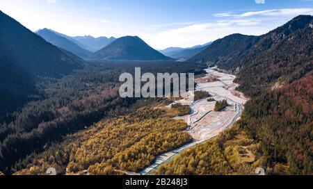 Aerial view, natural riverbed of the upper Isar, wild river landscape Isartal, Bavaria, Germany Stock Photo