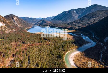 Aerial view, natural riverbed of the upper Isar in front of the Sylvenstein reservoir, wild river landscape Isartal, Bavaria, Germany Stock Photo