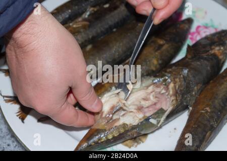 Smoked fresh fish mackerel lies hot on a ceramic plate Stock Photo