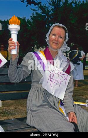 Washington DC. USA,  August 26th, 1995  75th Anniversary rally and march celebrating the passage of the 19th amendment which was ratified on August 18th 1920 giving women the right to vote. Historical re-enactor portraying Lucretia Mott attends the rally Stock Photo