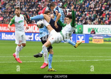 v.re:Ruben VARGAS (FC Augsburg), Stefan LAINER (Borussia Monchengladbach), Tobias STROBL (Borussia Monchengladbach), action, duels, penalty area scene football 1. Bundesliga, 24th matchday, matchday24, FC Augsburg (A) -Borussia Monchengladbach ( MG) 2-3. on February 29, 2020 in Augsburg, WWKARENA, DFL REGULATIONS PROHIBIT ANY USE OF PHOTOGRAPHS AS IMAGE SEQUENCES AND/OR QUASI-VIDEO. ? Sven Simon Fotoagentur GmbH & Co. Press Photo KG # Prinzess-Luise-Str. 41 # 45479 M uelheim/R uhr # Tel. 0208/9413250 # Fax. 0208/9413260 # GLS Bank # BLZ 430 609 67 # Kto. 4030 025 100 # IBAN DE75 4306 0967 Stock Photo