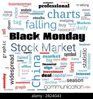 Word cloud on theme Black Monday in square shape on white background. Abstract concept of falling financial stock markets in World Stock Photo