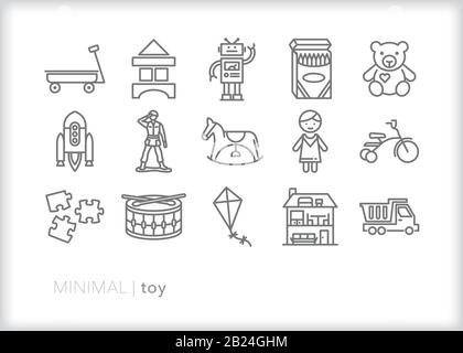 Set of 15 toy line icons of items for boys, girls, toddlers and kids to play and learn with at home, nursery, school or in a play room Stock Vector
