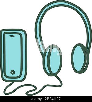 Large headphones are connected to the phone in cartoon style isolated on white background. Sign icon. Vector simple illustration. Usable as icon or sy Stock Vector