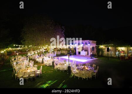 Wedding dining table. Table number nine. Rustic wedding. Stock Photo