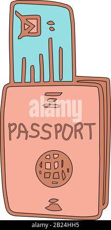 Passport id with checked ticket in cartoon style isolated on white background. Sign icon. Vector simple illustration. Usable as icon or symbol. Decora Stock Vector